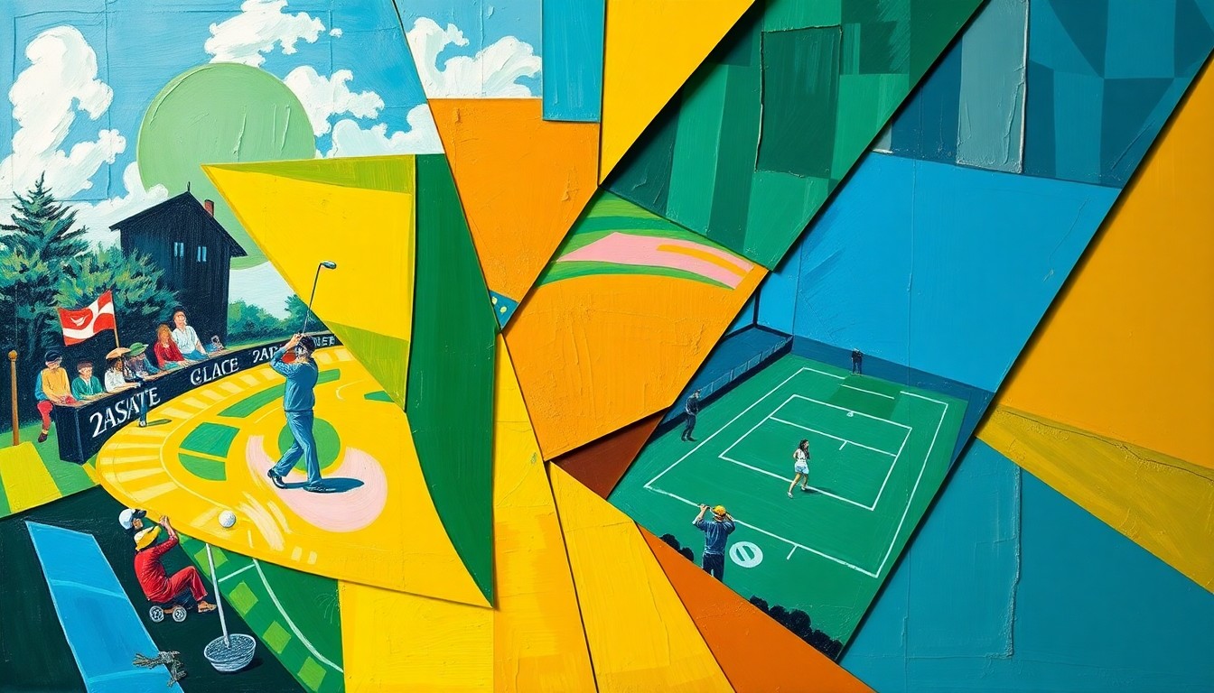 A cubist, geometric painting depicting a golf tournament and a tennis match, with sharp, overlapping planes of color representing the interplay between the two sports and their mental demands.