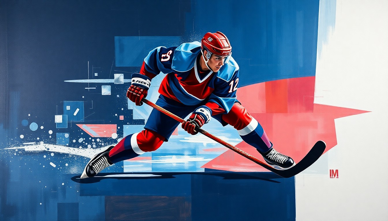 A cubist-style painting depicting a hockey player in mid-motion, with sharp, overlapping geometric planes in navy blue, crimson red, and metallic silver, capturing the fractured energy and momentum of the Flyers' late-season turnaround.