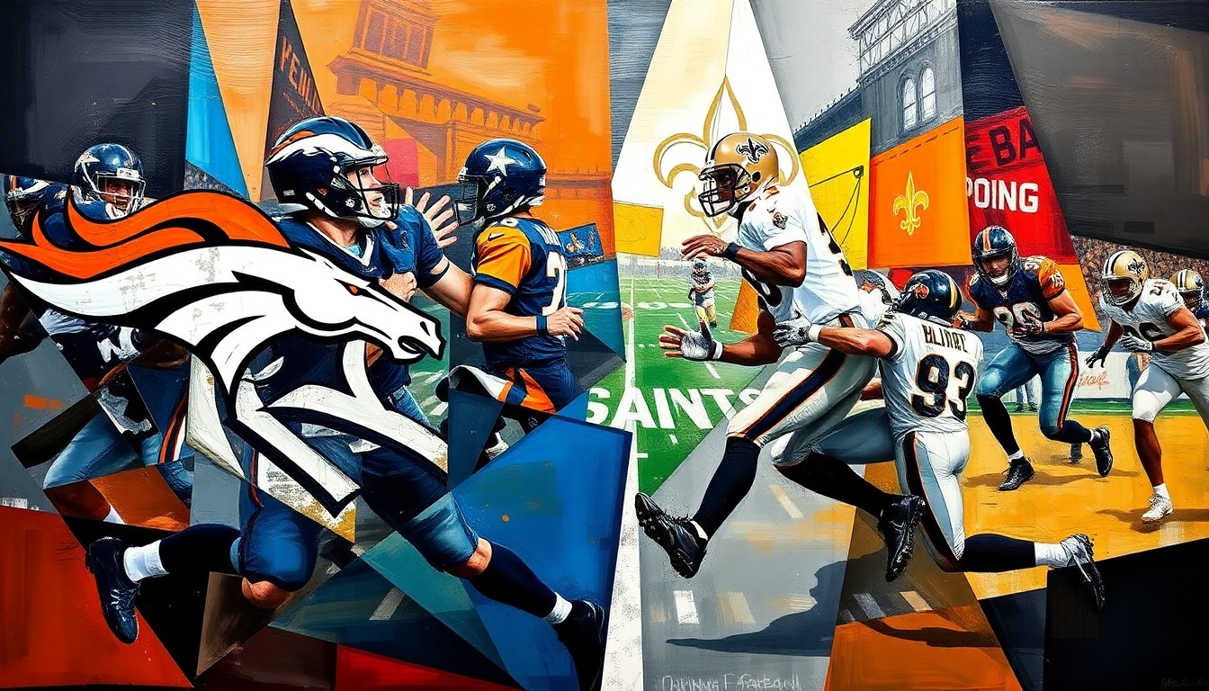 A fragmented, geometric painting depicting football players in motion, with overlapping planes of color and form representing the strategic maneuvering of an NFL trade negotiation.