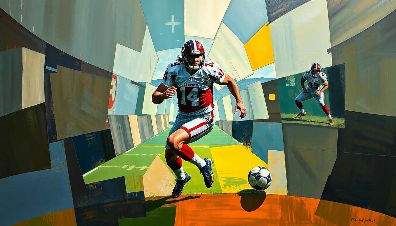 A cubist-style painting depicting a football player in motion, with their body broken down into sharp, overlapping geometric shapes in shades of blue, green, and orange, conveying a sense of fragmentation and complexity in the handling of personal conduct issues in the NFL.
