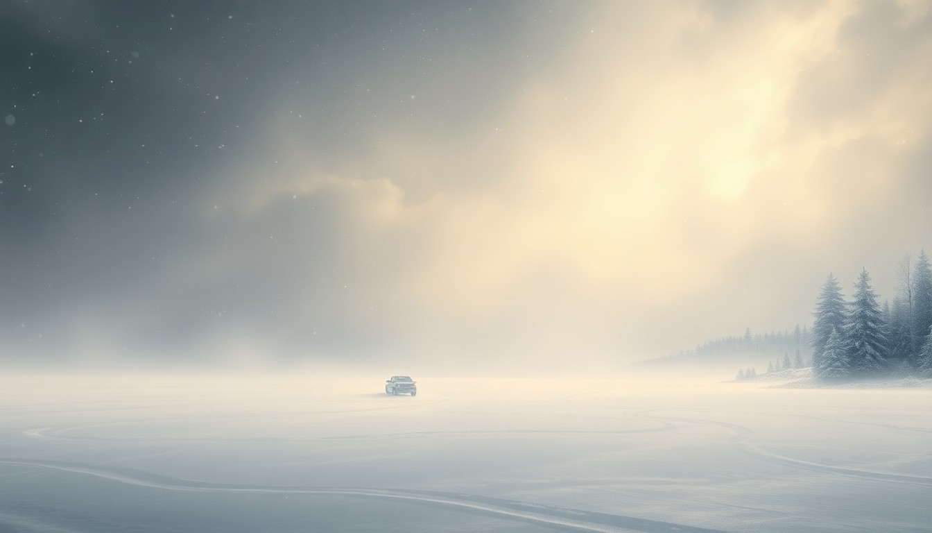 A vast, atmospheric landscape painting depicting a heavy snowstorm, with blinding white snow and dramatic lighting obscuring any physical structures or vehicles in the scene, conveying the overwhelming power of the natural elements.