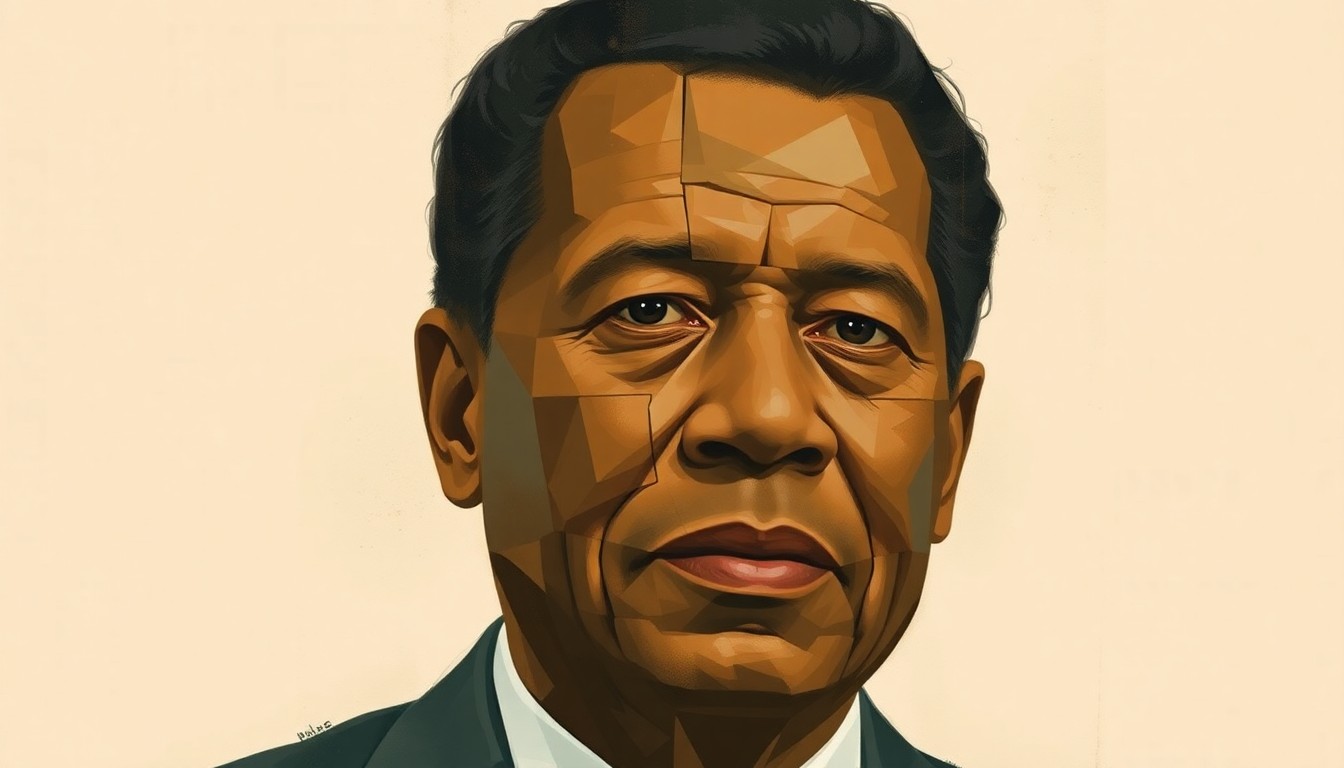 A fragmented, abstract painting featuring overlapping geometric shapes and muted earth tones, conceptually representing the political tensions between the United States and South Africa.