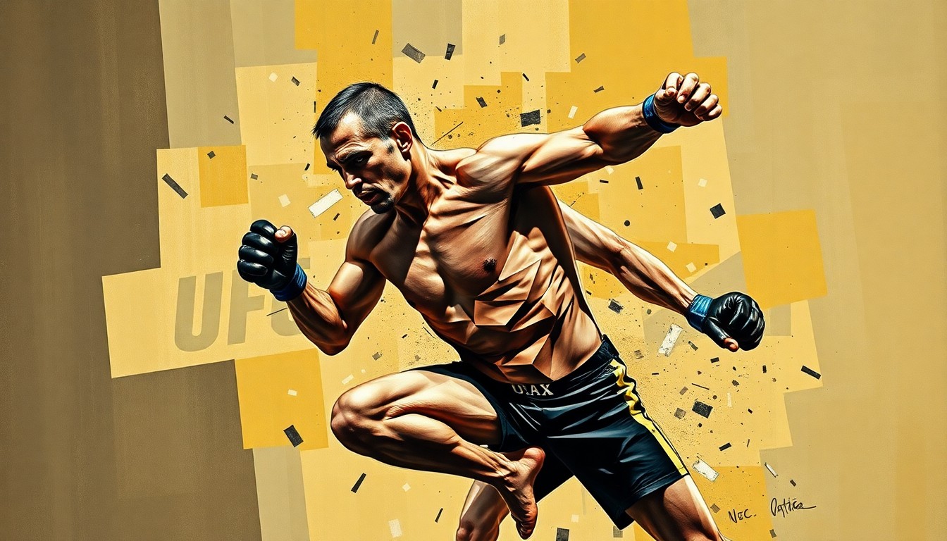 A cubist-style painting depicting a UFC fighter in mid-action, their body and movements broken down into sharp, overlapping geometric shapes and planes, conveying the fragmented and multifaceted nature of the sport's intersection with celebrity and politics.