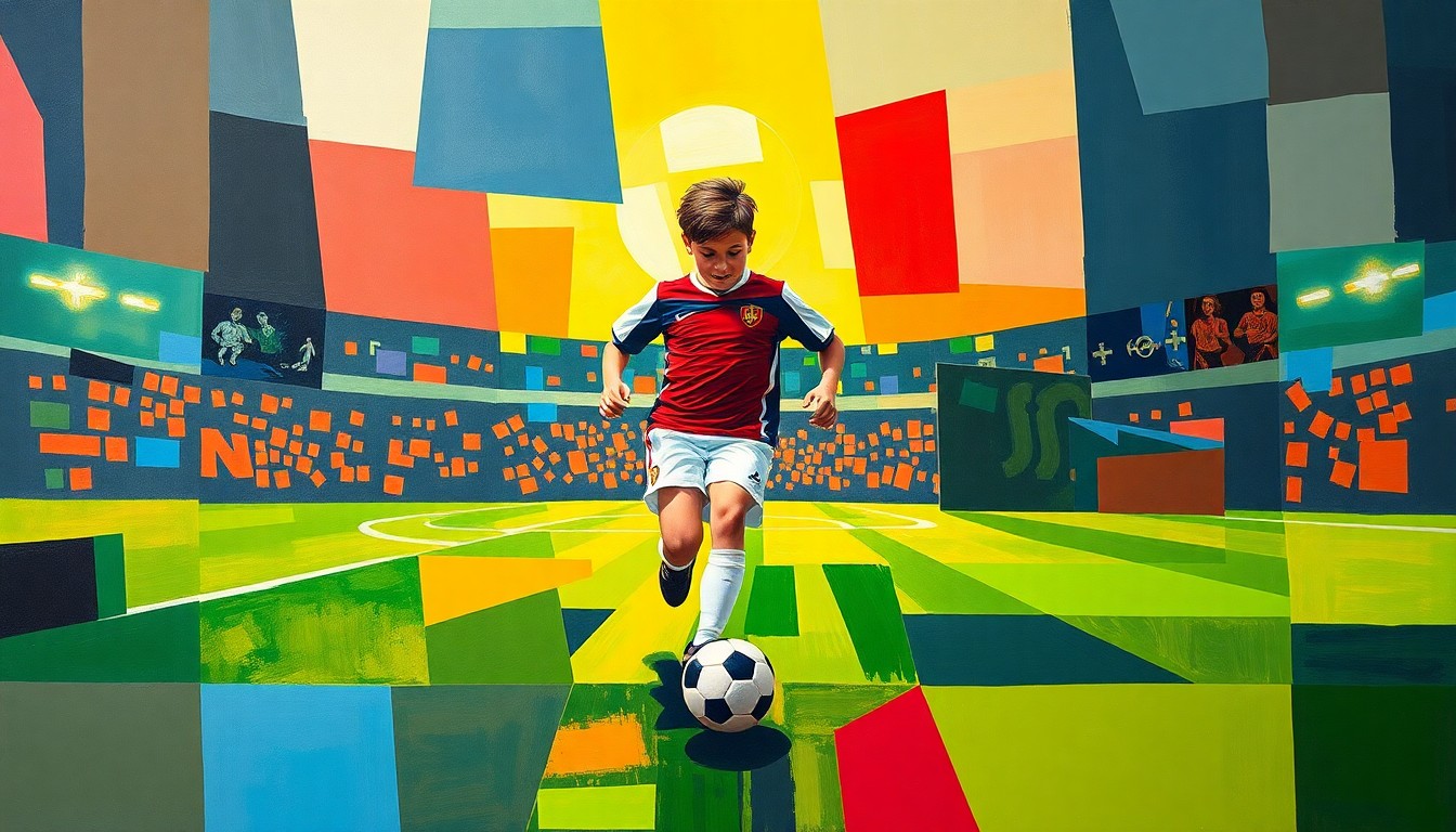 A fractured, multi-perspective painting in the style of Pablo Picasso, breaking down a young soccer player in mid-dribble into sharp, overlapping geometric planes of vibrant colors representing the player's uniform and the pitch.