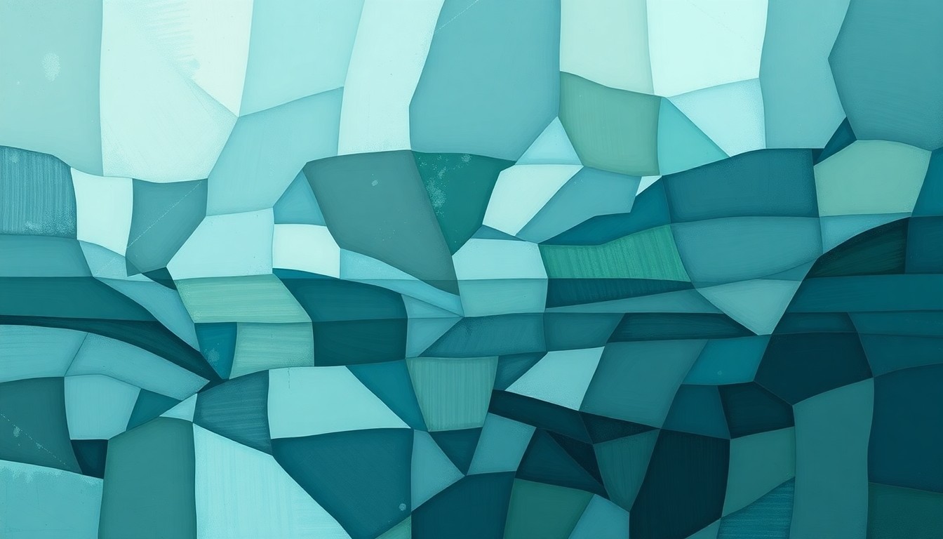 A dynamic, abstract painting of overlapping geometric shapes in shades of blue, green, and gray, conceptually representing the disruption and transition in New York's energy landscape.