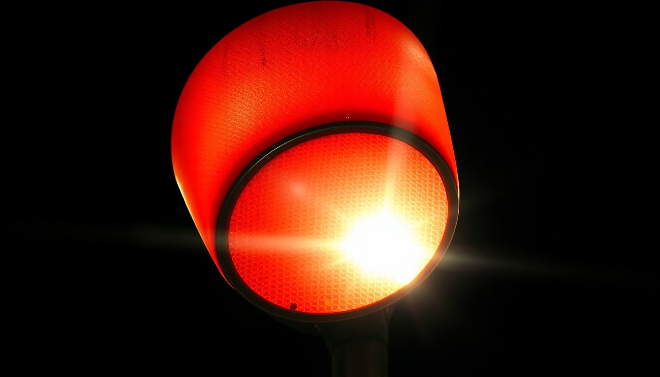 An extreme close-up of a damaged traffic signal light or street sign, reflecting a harsh, direct flash of light, conceptually illustrating the aftermath of a serious pedestrian crash and the need for improved road safety.