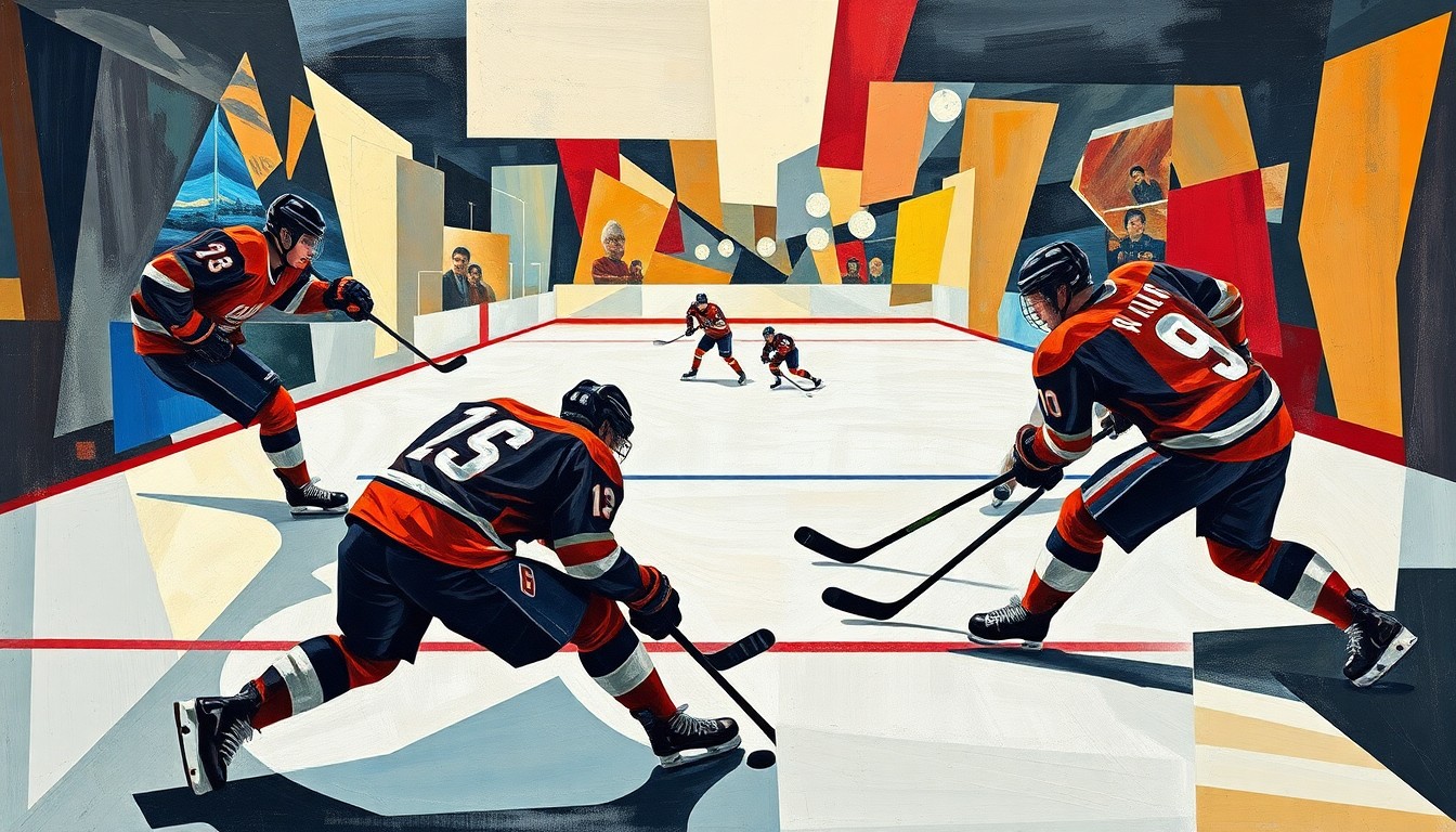 A fractured, geometric painting depicting abstract hockey players and a puck, representing the multifaceted nature of success in the NHL.