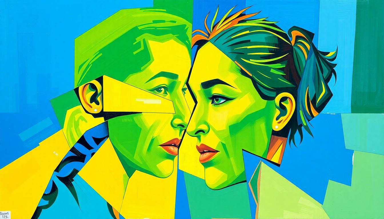 A cubist, geometric painting depicting Coco Gauff's Miami Open quarterfinal match, with sharp, overlapping planes of vibrant blue, green, and yellow colors capturing the dynamic energy of the game.
