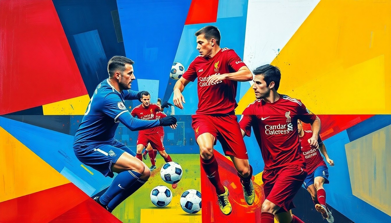 A cubist, geometric painting depicting a soccer match or training session, with the players and ball broken down into sharp, overlapping planes of vibrant colors like royal blue, crimson red, and golden yellow, creating a dynamic and fragmented visual representation of the action.