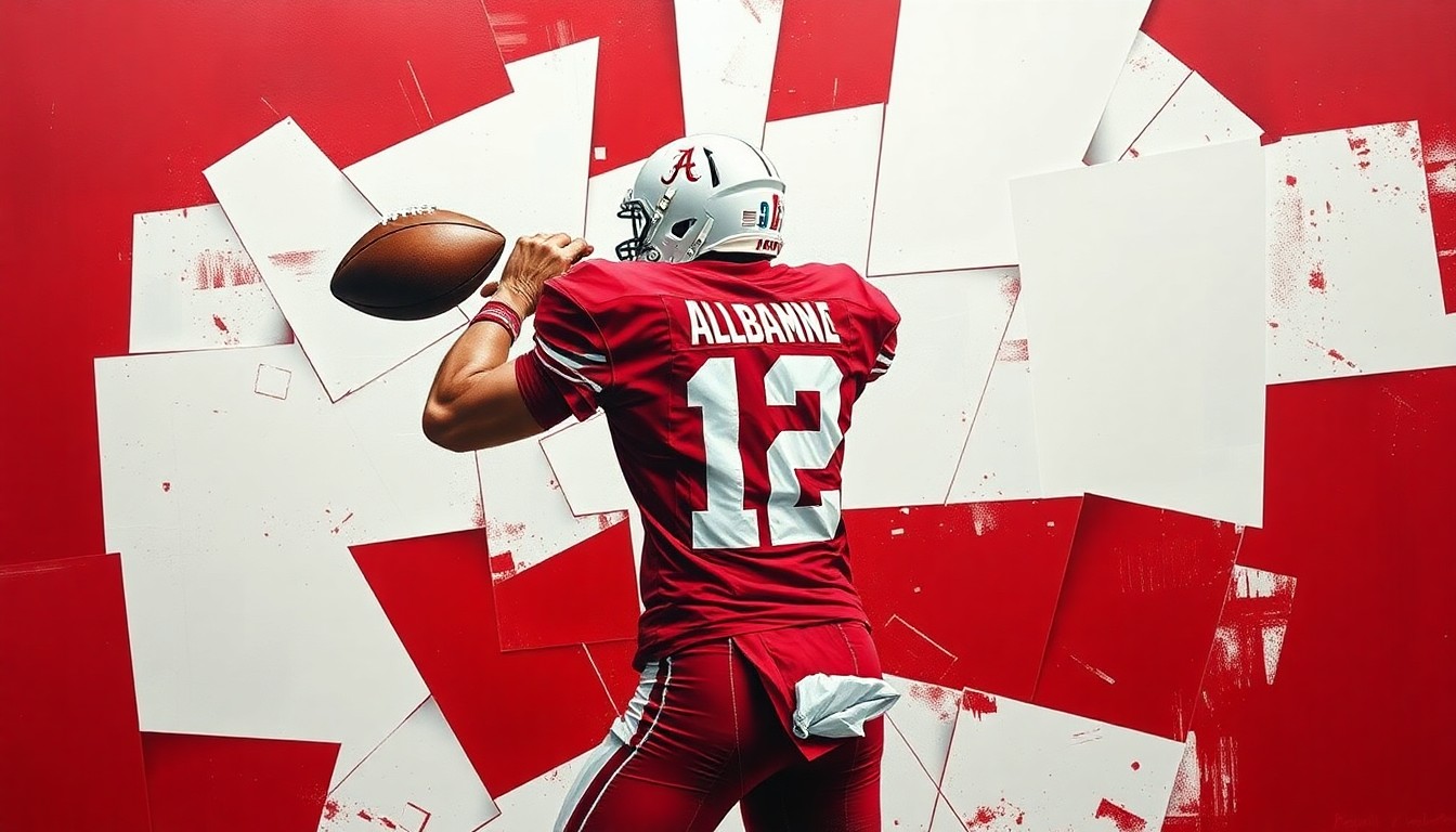 A fractured, cubist-style painting depicting an Alabama football quarterback dropping back to pass, with sharp, overlapping geometric shapes in the team's crimson and white colors.