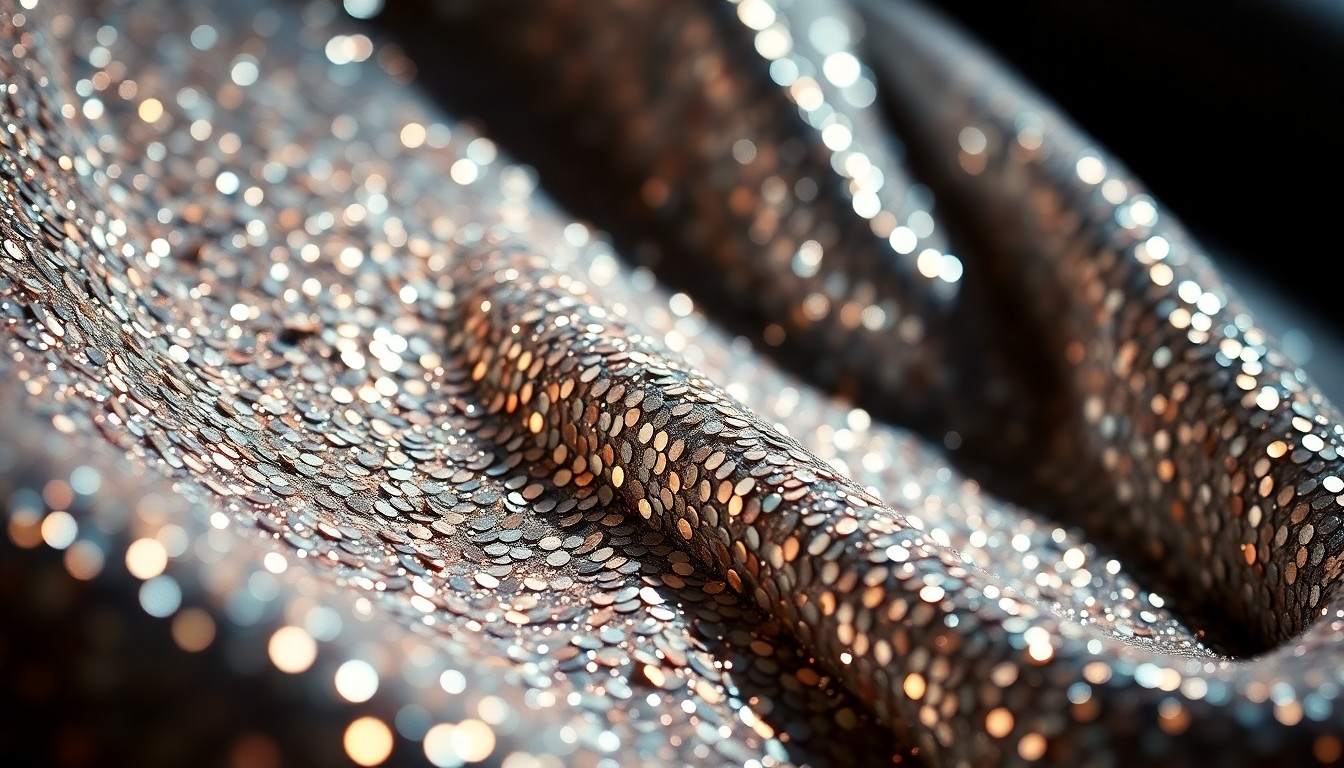 An extreme close-up of shimmering sequins and shattered glass, reflecting dramatic studio lighting to create a conceptual illustration of the high-stakes, high-fashion world of art dealership.