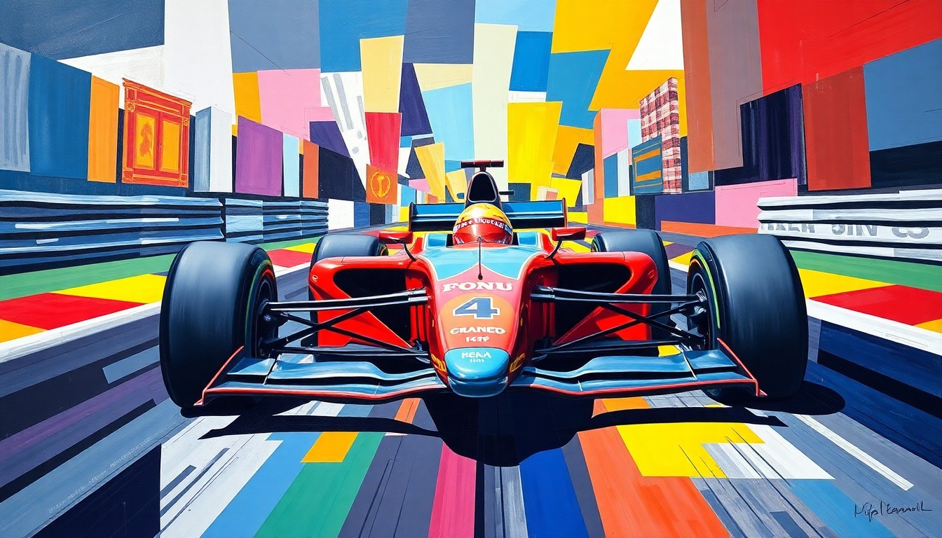 A cubist, geometric painting depicting a Formula 1 car racing through a sharp, angular track with vibrant colors and fractured perspectives, capturing the dynamic energy and mental fortitude of the sport.