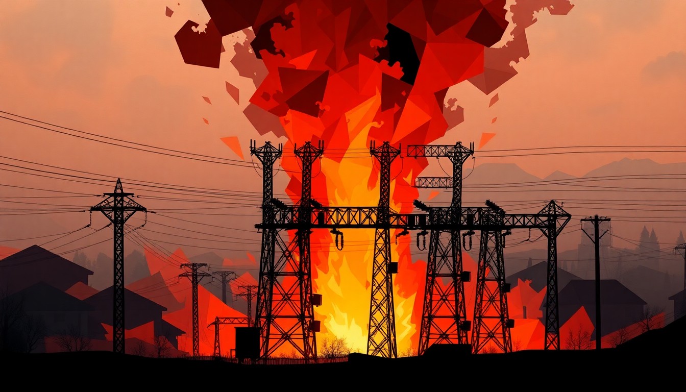 A dynamic, fragmented painting depicting a burning power substation, with overlapping geometric shapes in fiery hues, conceptually representing the escalating conflict and its impact on Ukraine's critical infrastructure.