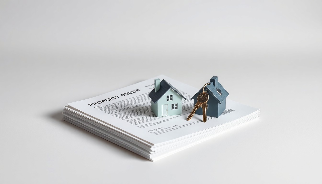 A high-end, photorealistic studio still-life photograph featuring a stack of property deeds, a house-shaped paperweight, and a set of house keys arranged elegantly on a clean, monochromatic background, conceptually representing the abstract concepts of real estate transactions and local market trends.