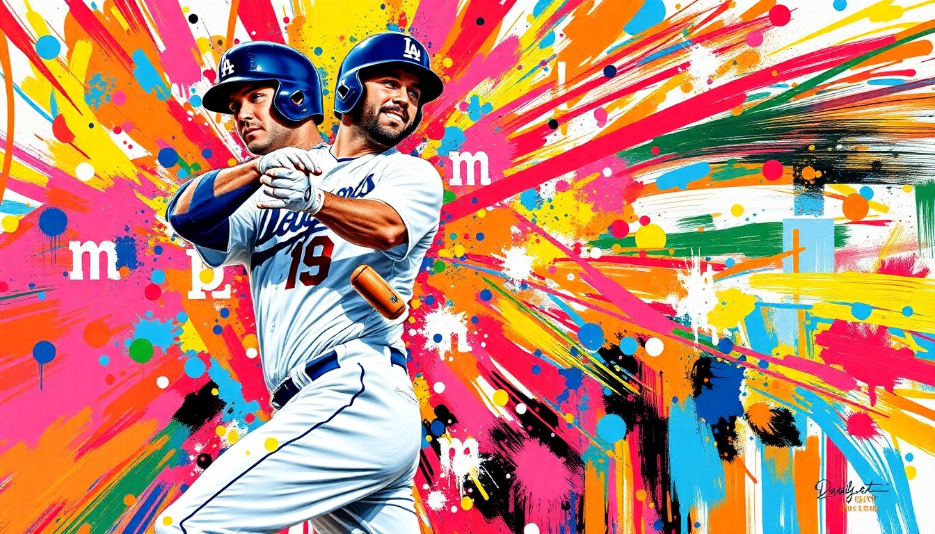 An abstract expressionist painting in vibrant neon colors, capturing the explosive energy and dynamic movement of a baseball player swinging the bat, with the details of the player and the field dissolving into a frenetic blur of brushstrokes.
