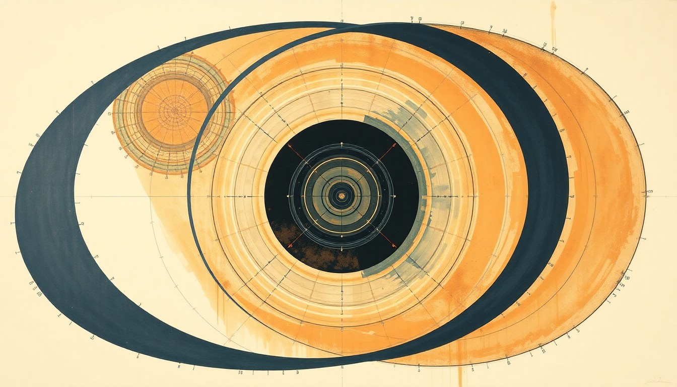 A highly structured abstract painting in muted earthy tones, featuring sweeping geometric arcs, concentric circles, and precise spirals that convey the structural order and chaos of Nadar's ill-fated balloon voyage.