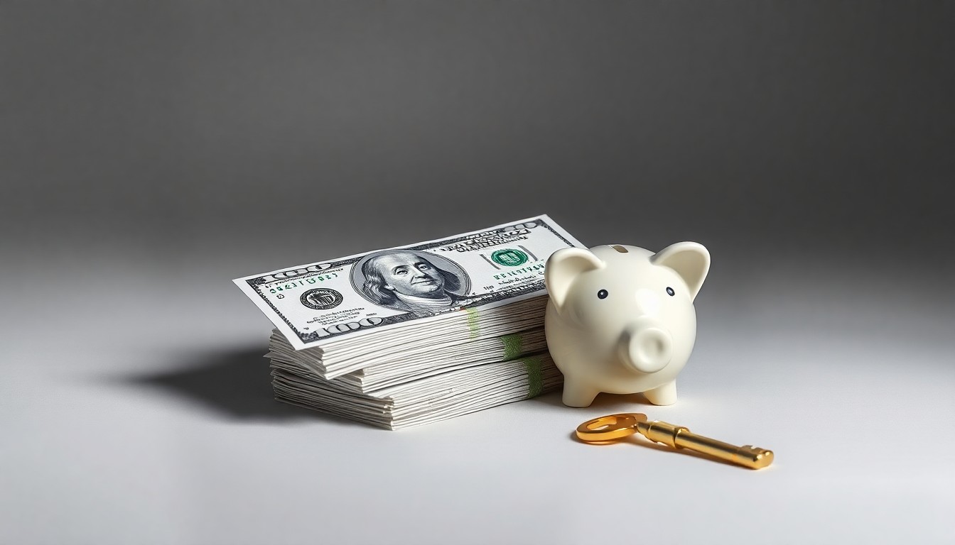 A minimalist studio still life featuring a stack of dollar bills, a metal piggy bank, and a single golden key, symbolizing the wealth, security, and opportunity that a major philanthropic donation seeks to provide for underprivileged children.