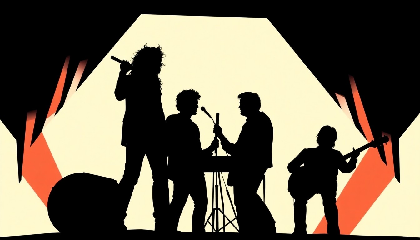 An abstract, minimalist composition featuring sharp, angular black silhouettes and geometric shapes in a high-contrast, cut-out poster style, conceptually representing the collaborative nature of musical supergroups.