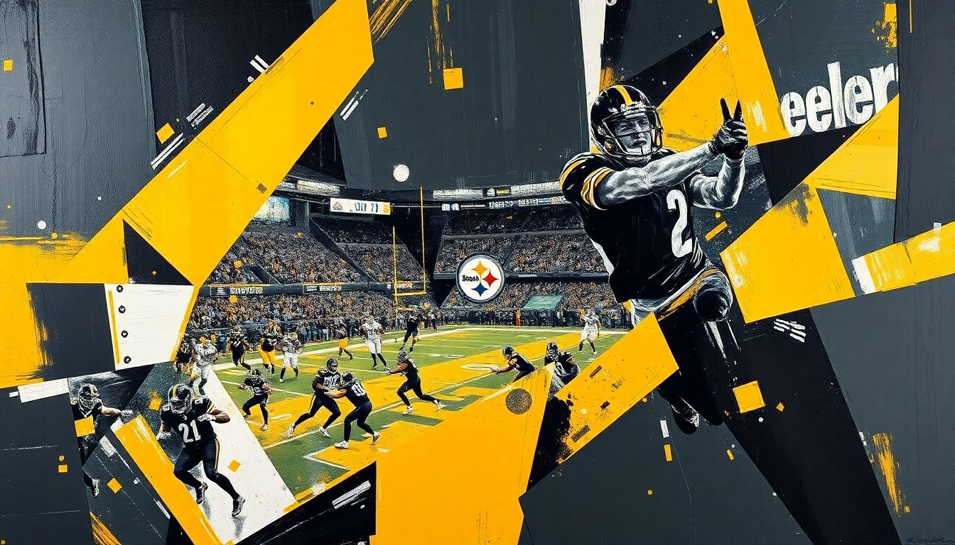 A cubist-style painting featuring overlapping geometric shapes and planes in shades of black, gold, white, and gray, conceptually representing the dynamic changes and energy surrounding the Pittsburgh Steelers' football team.