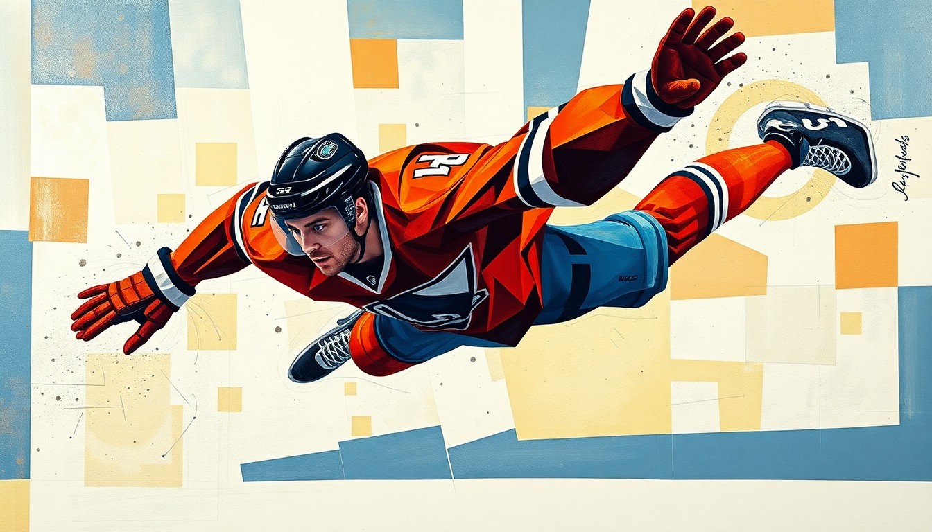 A cubist, geometric painting breaking down a hockey player's diving motion into sharp, overlapping planes of color, conveying the blurred boundaries between skill and gamesmanship in the modern NHL.