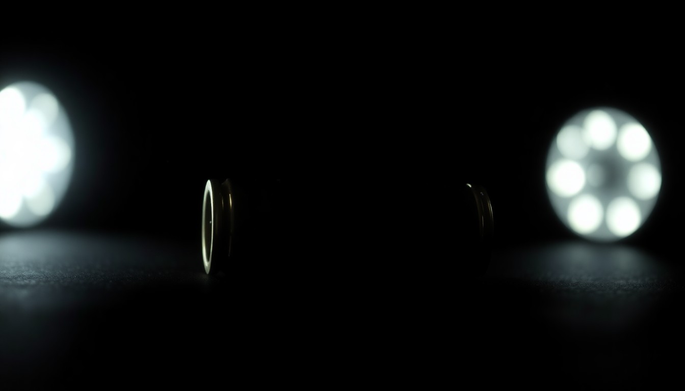 An extreme close-up photograph of a single shell casing, its metallic surface and ridges sharply illuminated by a harsh, direct camera flash against a pitch-black background, conceptually representing the gritty forensic investigation into a violent crime.