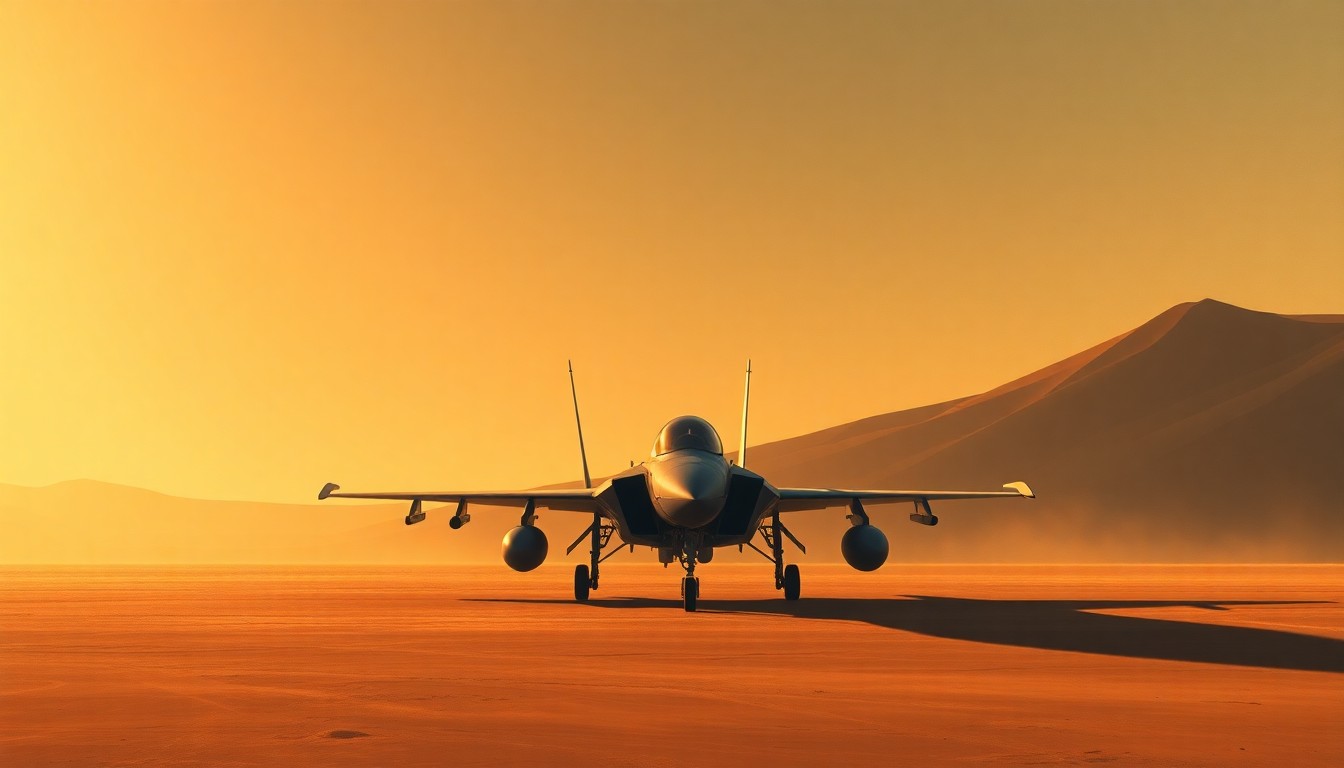 A serene, photorealistic painting of a lone F-15E fighter jet in a desert setting, with warm sunlight casting dramatic shadows across the aircraft's surface, conveying a sense of both triumph and unease.