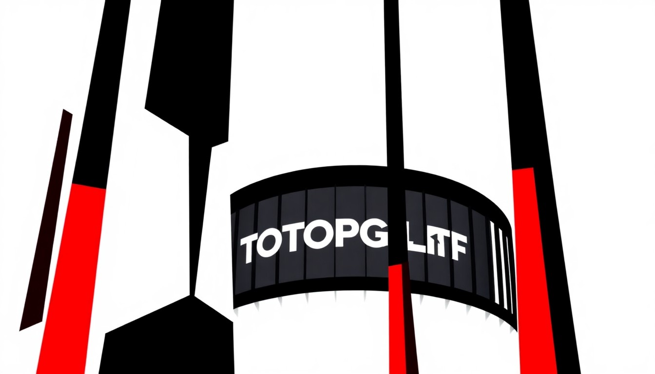 A striking abstract composition of bold, jagged black shapes against a bright red background, conceptually representing the towering poles of the new Topgolf facility in Parsippany.