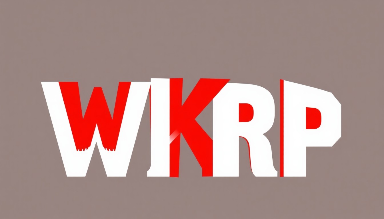 A bold, abstract composition of stark black silhouettes and geometric shapes in high-contrast red and white, representing the iconic WKRP call letters and the concept of a fictional radio station becoming a reality.