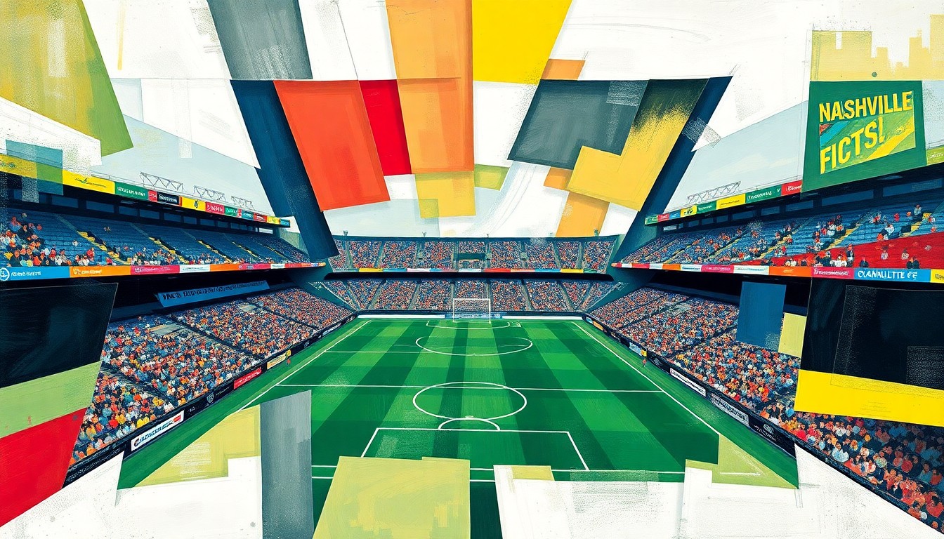 A cubist, geometric painting depicting a soccer match between two teams, with the players and field broken down into sharp, overlapping planes of color and shape.