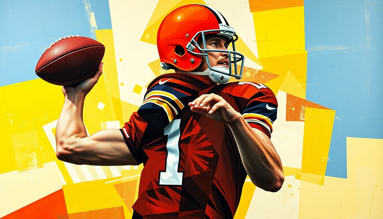 A cubist-style painting depicting a football quarterback in motion, with their body and uniform broken down into sharp, overlapping geometric shapes and planes, capturing the dynamic energy of the play.