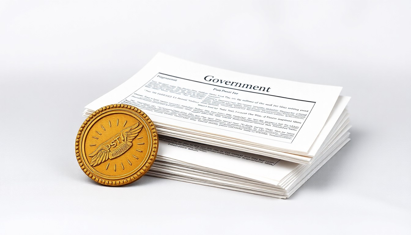 A high-contrast, photorealistic studio shot featuring a stack of official-looking government documents and a brass postal service emblem on a plain white background, conveying the abstract concepts of bureaucracy and financial pressures facing the United States Postal Service.