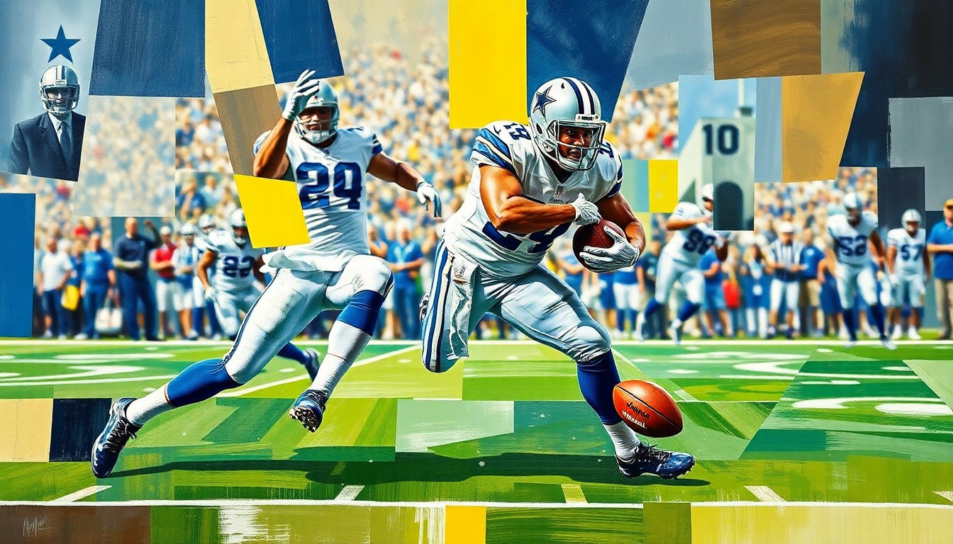 A cubist, geometric painting depicting a Dallas Cowboys defensive player making a play, with the figure broken down into sharp, overlapping planes of color and shape.