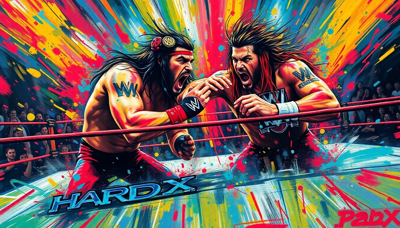 An extreme close-up of the Hardy Boyz engaged in a chaotic tables match, with their bodies and the surrounding environment rendered in a vibrant, expressionist style using rapid brushstrokes and neon colors, capturing the raw energy and unpredictability of the event.