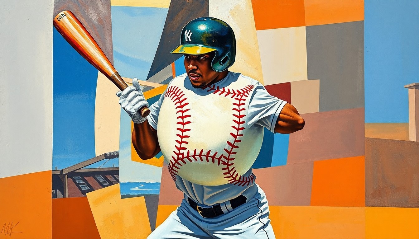 A cubist, geometric painting depicting a baseball player's swing and the ball in flight, with the forms broken down into sharp, overlapping planes of color, conceptually representing the dynamic energy and talent of a young MLB prospect.