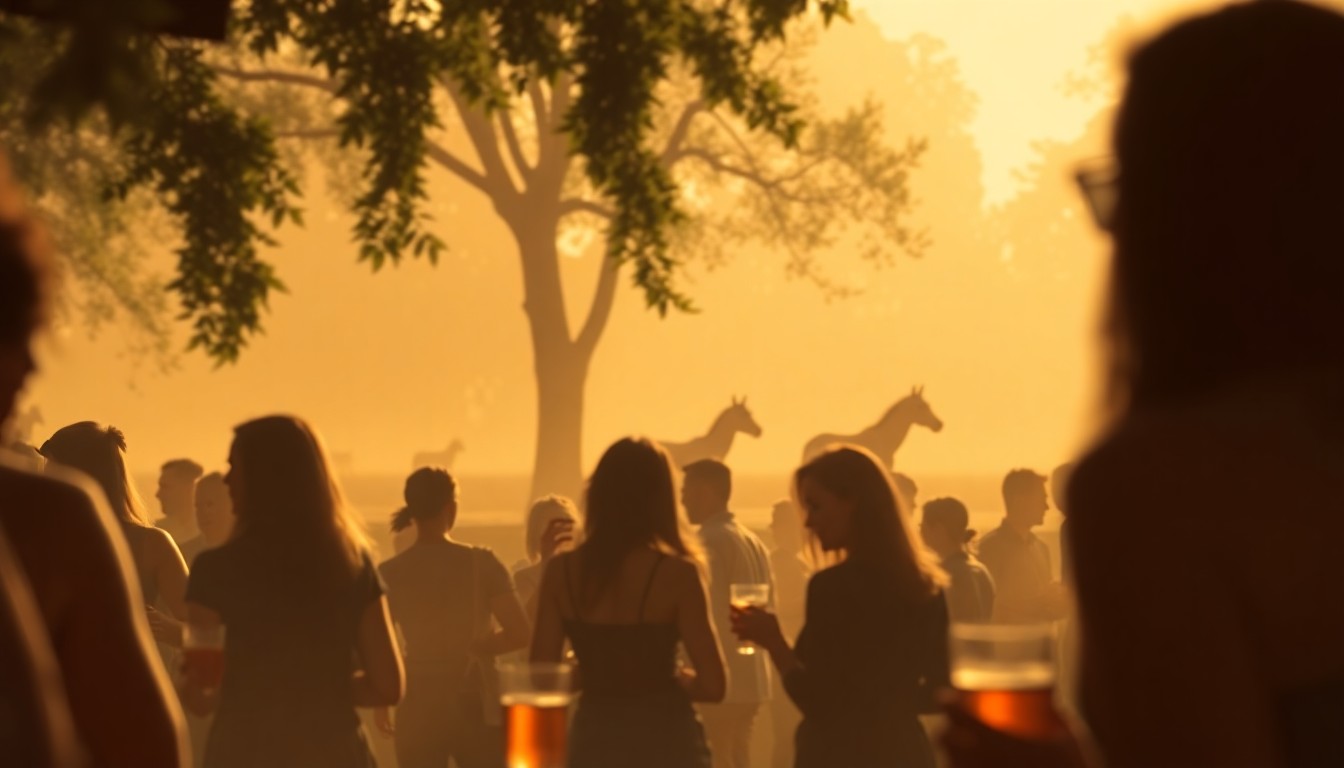 An abstract, out-of-focus photograph in warm, hazy tones depicting a group of people enjoying drinks and socializing at an outdoor event, with the silhouettes of zoo animals visible in the background, conceptually representing the festive atmosphere and conservation focus of the Sips for Species fundraiser.
