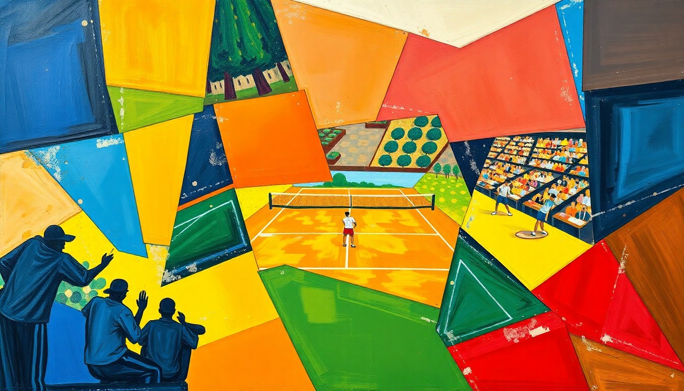 A cubist, geometric painting depicting a tennis match or competition, with sharp, overlapping planes of color and form conveying the dynamic energy and complexity of the sport.