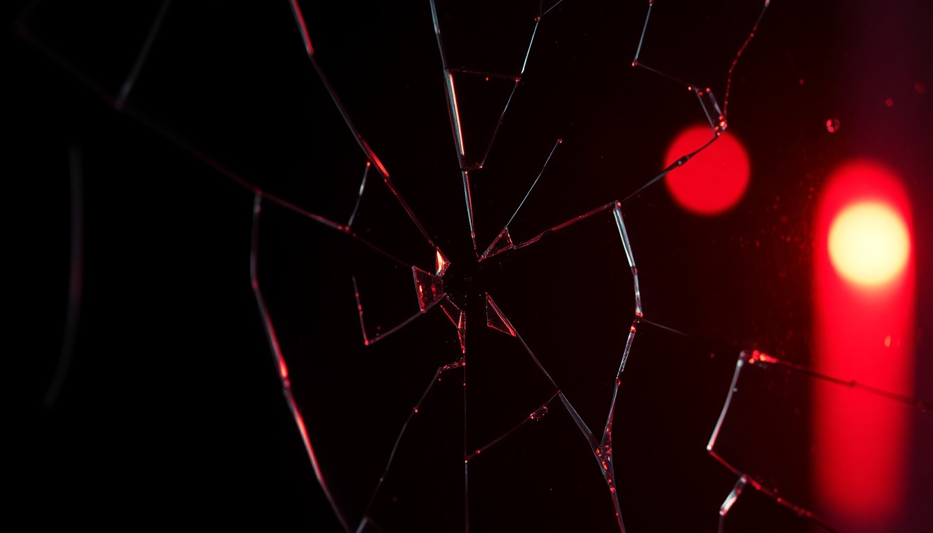 An extreme close-up of a shattered glass surface, reflecting a faint red light, conceptually representing the complex relationship dynamics and social pressures faced by a high-profile couple.