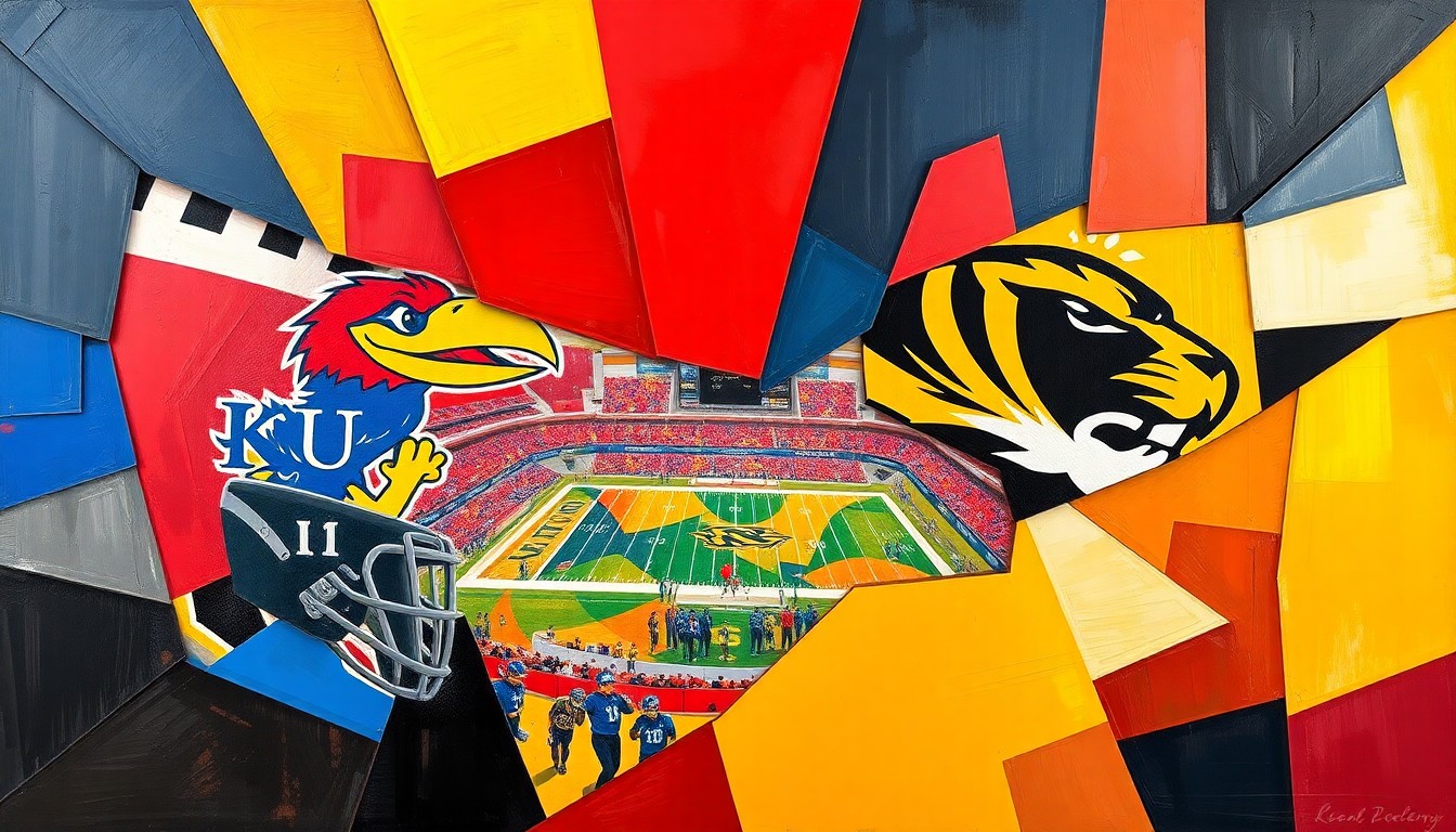 A fractured, abstract painting depicting a college football game, with sharp geometric planes in crimson, blue, gold, and black colors representing the intense rivalry between the two teams.