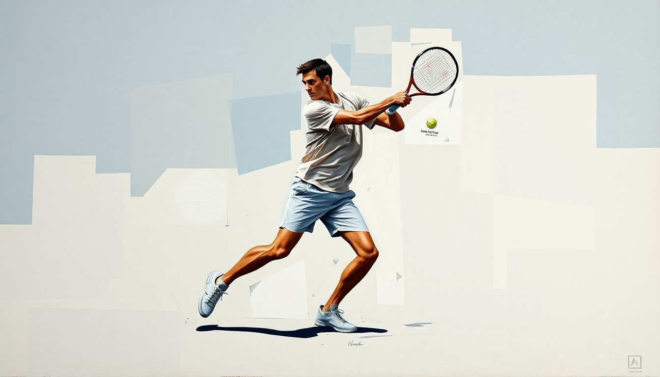 A cubist-style painting depicting a tennis player in mid-motion, their form fragmented into sharp, overlapping geometric shapes in a vibrant color palette, conveying the dynamic energy and determination of Bianca Andreescu's comeback journey.