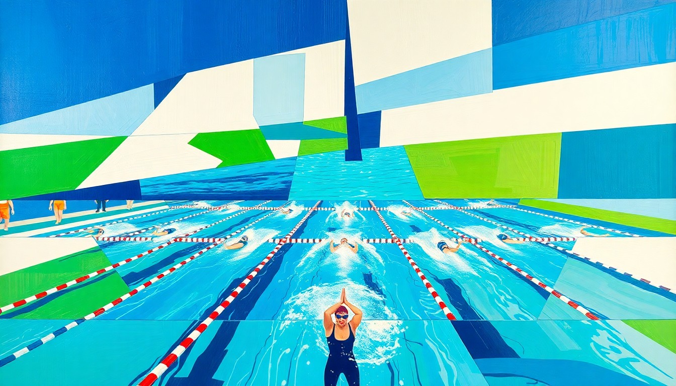 A cubist, geometric painting depicting a college swimming competition, with overlapping planes of vibrant blues, greens, and whites, capturing the energy and dynamism of the event.