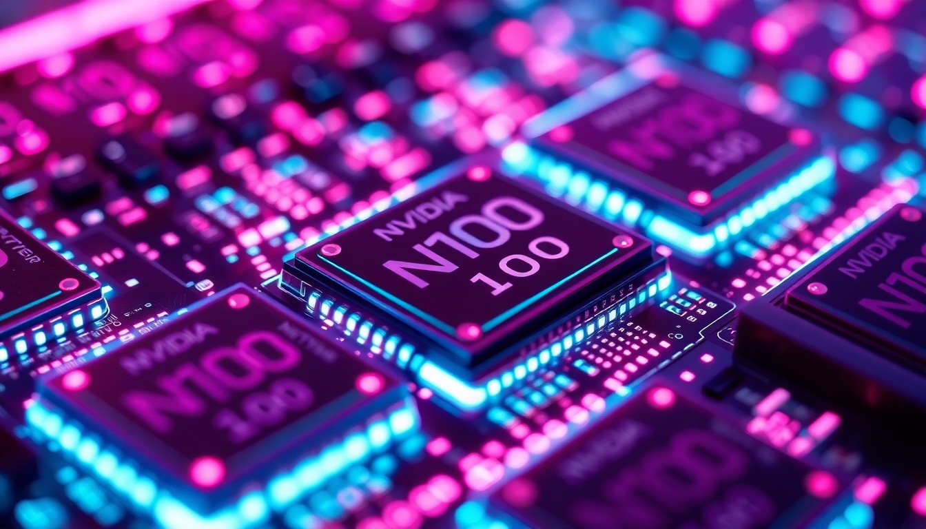 A highly detailed, glowing 3D illustration of a cluster of Nvidia H100 AI chips, their surfaces illuminated by vibrant neon cyan and magenta lights, representing the complex technological infrastructure behind the battle for AI supremacy.