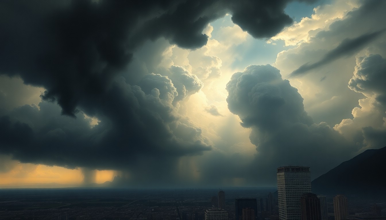 A sweeping, atmospheric landscape painting in muted tones of grey, blue, and gold, depicting a vast, ominous storm system dominating the skyline and dwarfing the small city below, conveying a sense of the sublime power of nature.