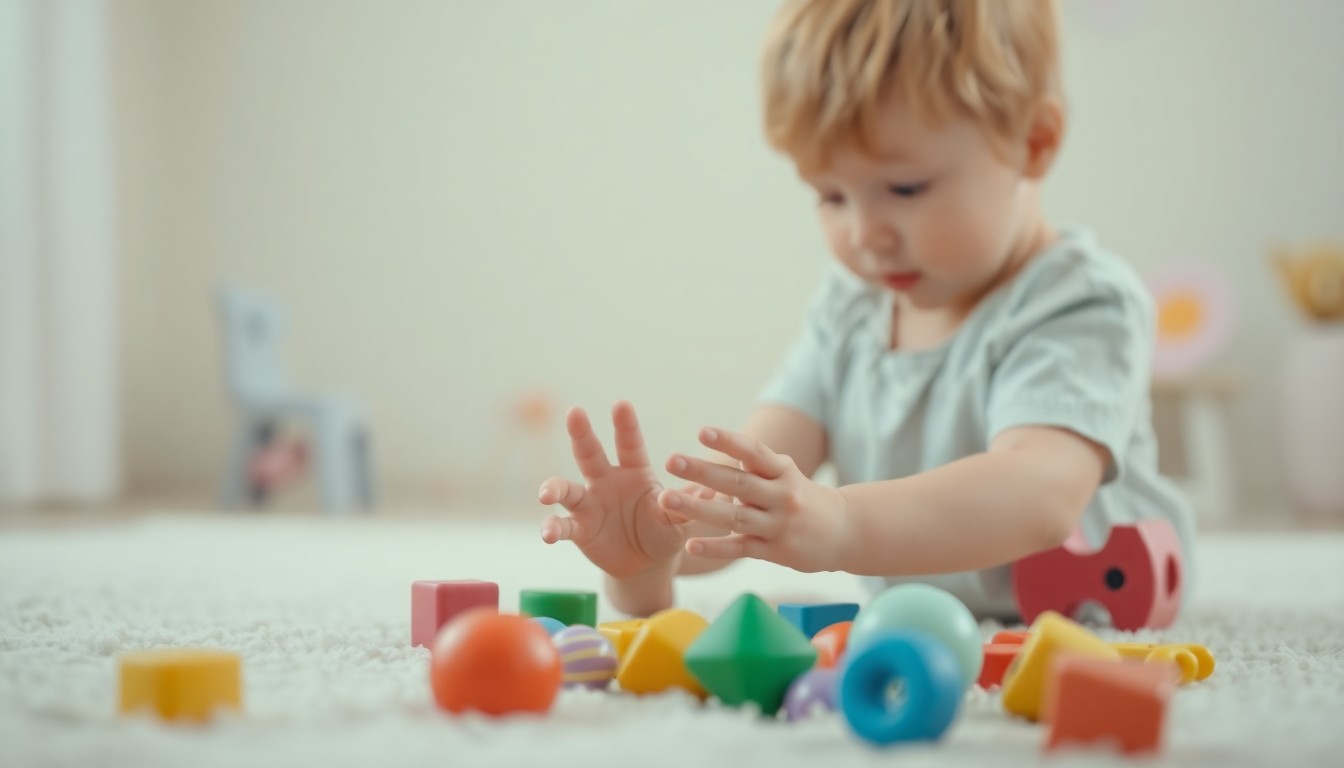 An abstract, out-of-focus photograph showing a child's hands interacting with colorful sensory toys in a softly lit, pastel-toned room, conveying a sense of peace and comfort.