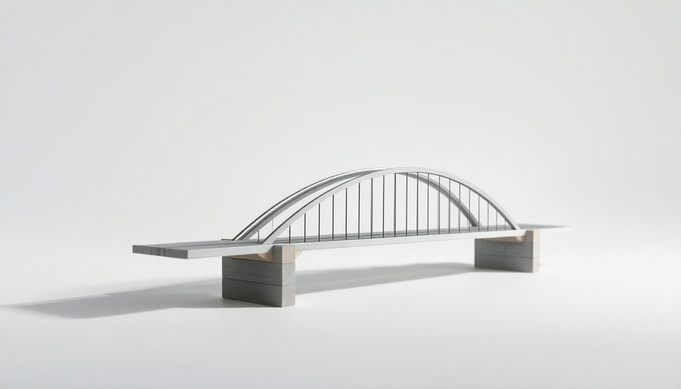 A photorealistic studio still-life image featuring a minimalist scale model of the Signature Bridge's distinctive arched design, crafted from polished steel and concrete, floating on a clean white background with dramatic studio lighting and deep shadows to symbolize the abstract challenges of large-scale infrastructure projects.