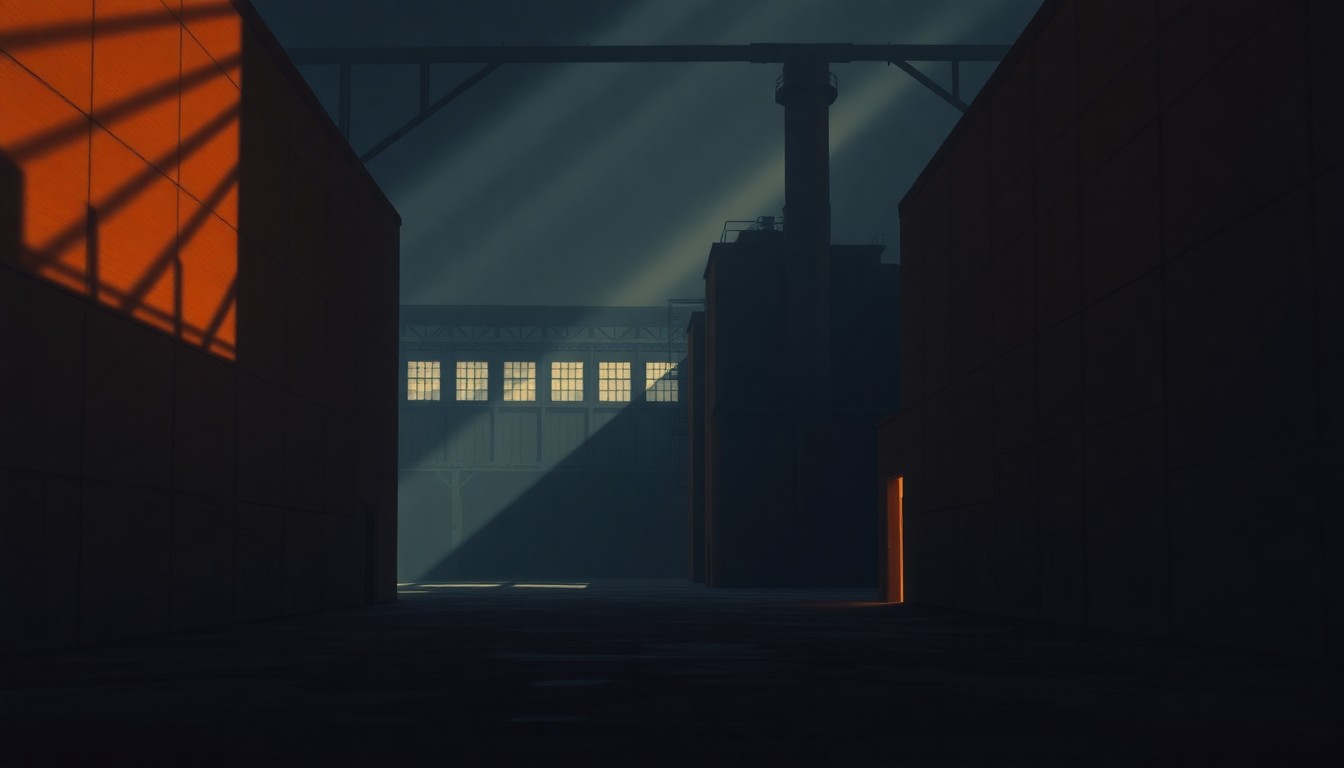 A moody, atmospheric painting depicting an abandoned steel mill or factory building, with warm sunlight streaming through the windows and deep shadows across the weathered, industrial facade.