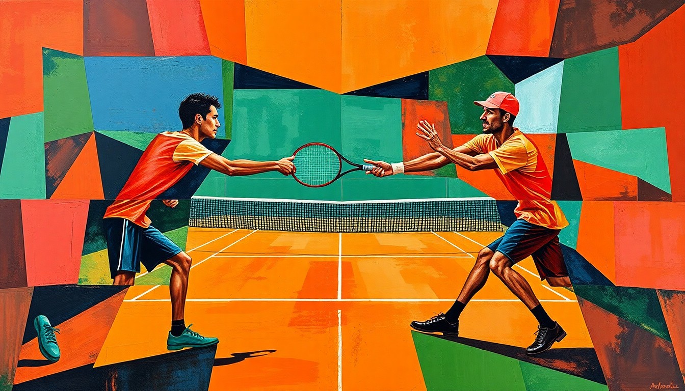 A cubist, geometric painting depicting a doubles tennis match, with the players' figures broken down into abstract shapes and planes in a dynamic, energetic composition.