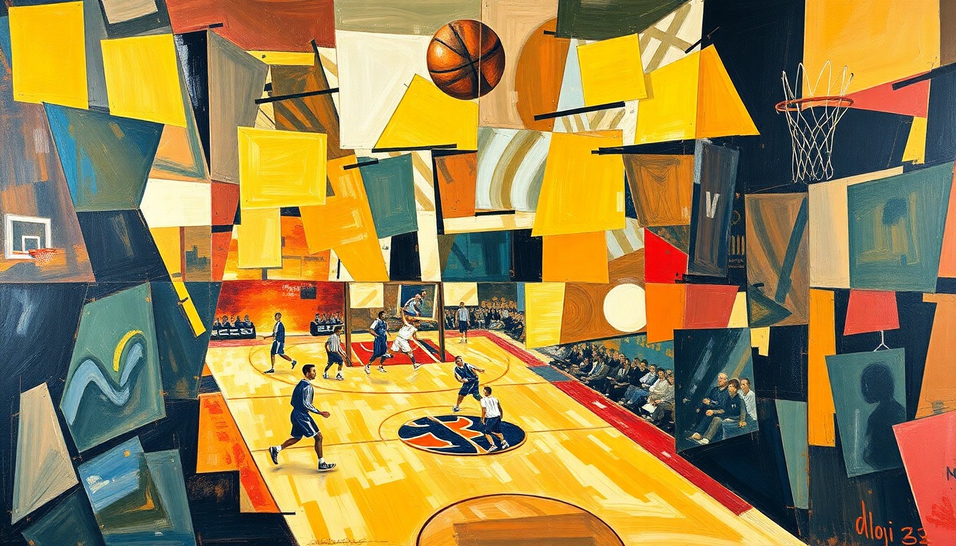 A fragmented, geometric painting depicting basketball players and court elements in an abstract, cubist style, capturing the conceptual essence of a potential NBA trade.