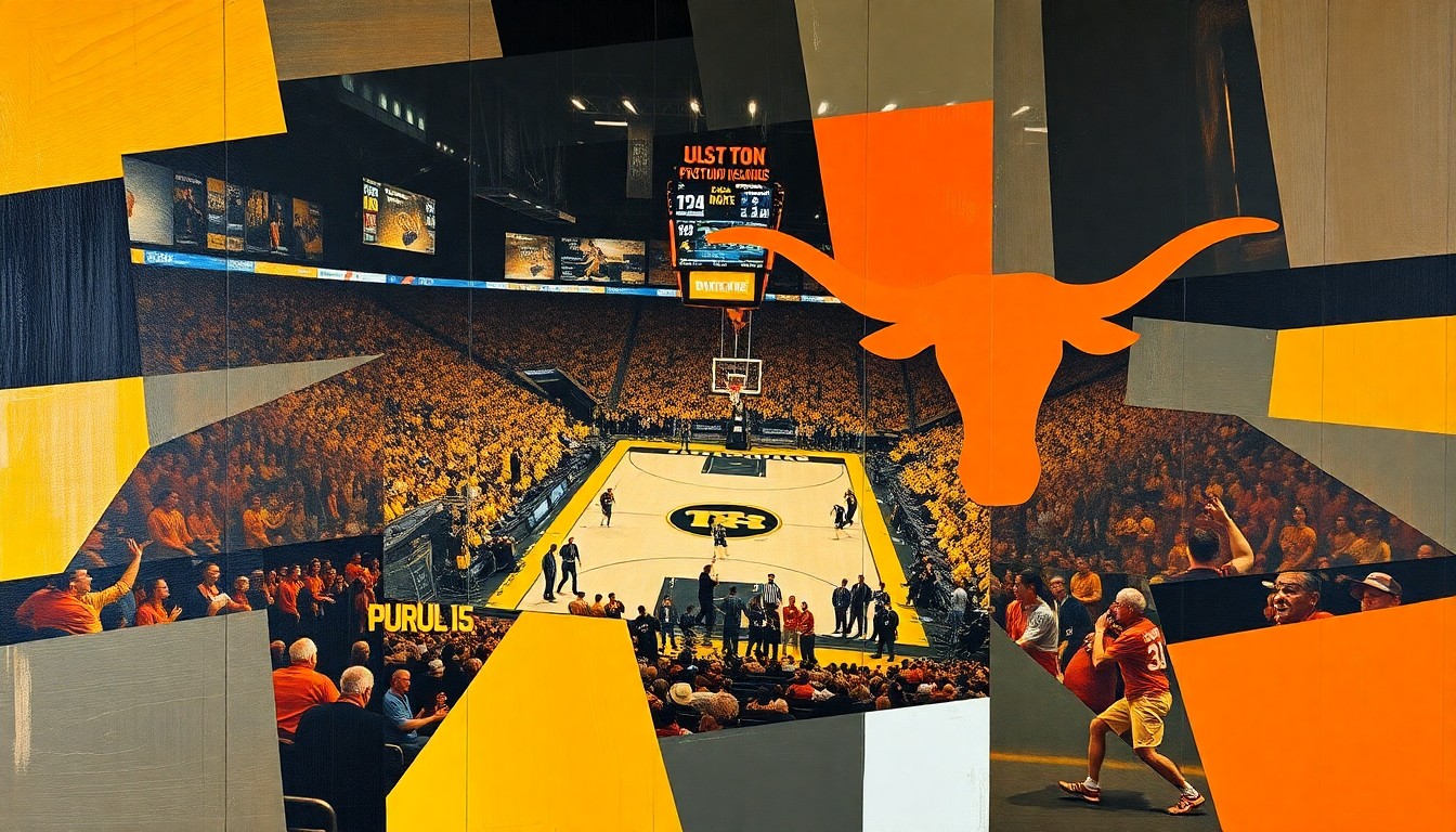A cubist, geometric painting depicting the final seconds of the Purdue-Texas basketball game, with fragmented, overlapping shapes and planes in Purdue's gold and black, and Texas' burnt orange, capturing the intensity and drama of the game-winning play.