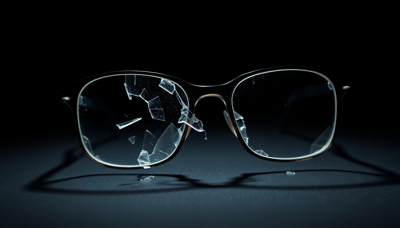 An extreme close-up photograph of a broken pair of eyeglasses, the lenses shattered and the frame twisted, against a pitch-black background, conceptually representing the trauma and abuse experienced by the victims of a cult leader's crimes.