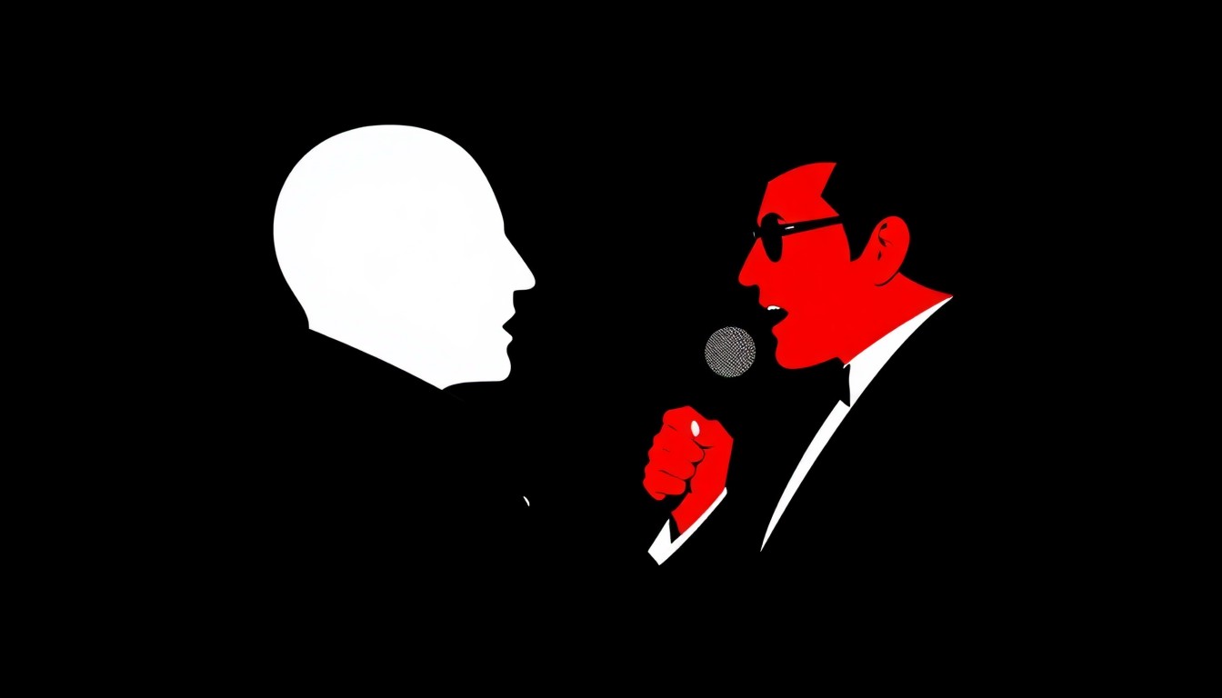 A bold, abstract composition featuring stark, jagged geometric shapes in high-contrast red and white, conceptually representing the heated rivalry between the two lead characters of the musical parody.
